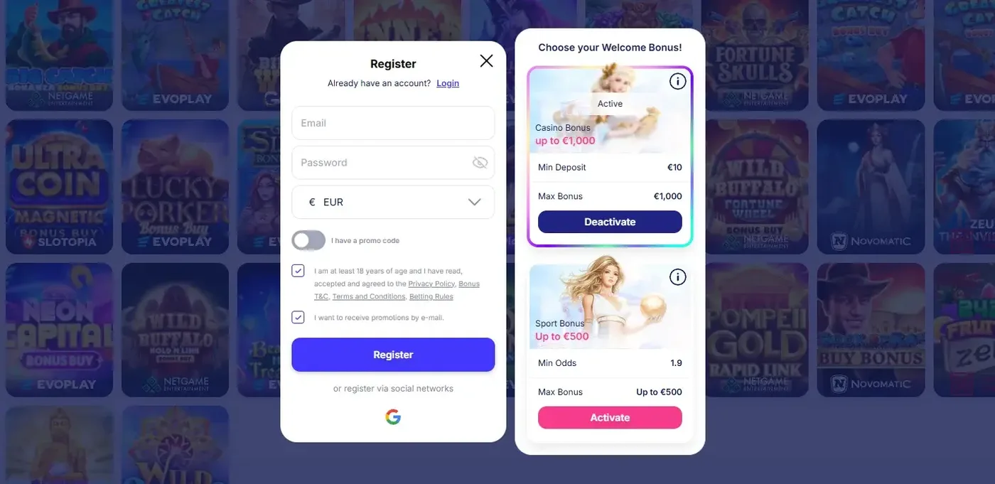 Fortunica Casino registration form with email, password, currency, promo code switch and welcome bonus choice